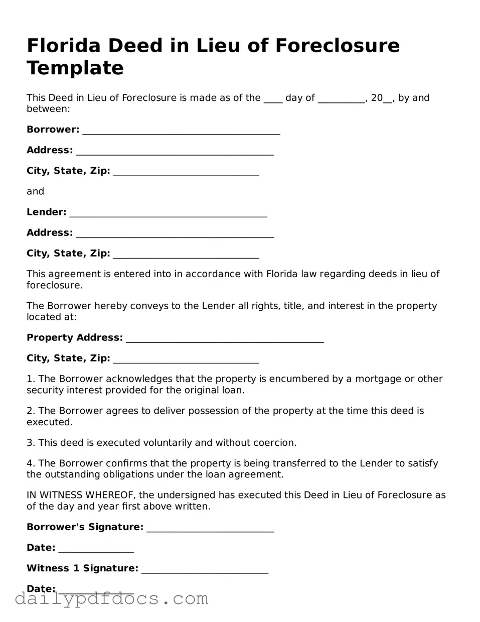 Printable  Deed in Lieu of Foreclosure Document for Florida