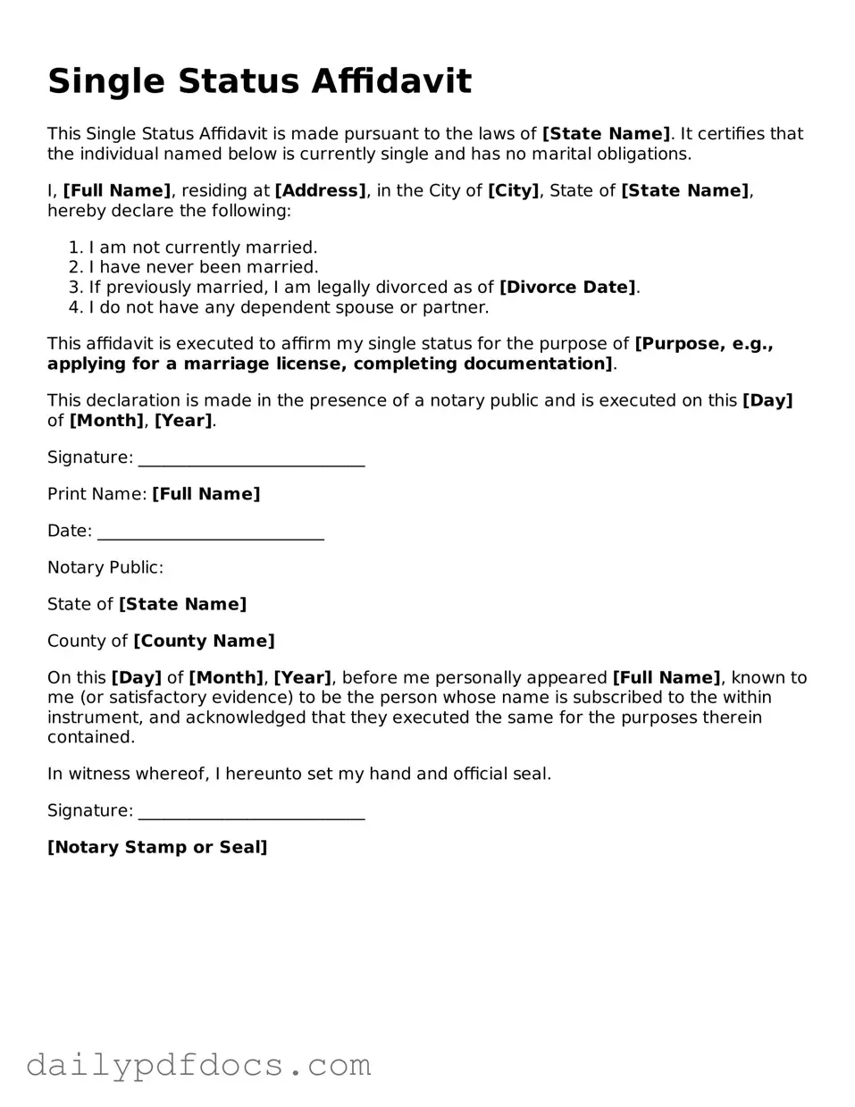 Free Single Status Affidavit Template