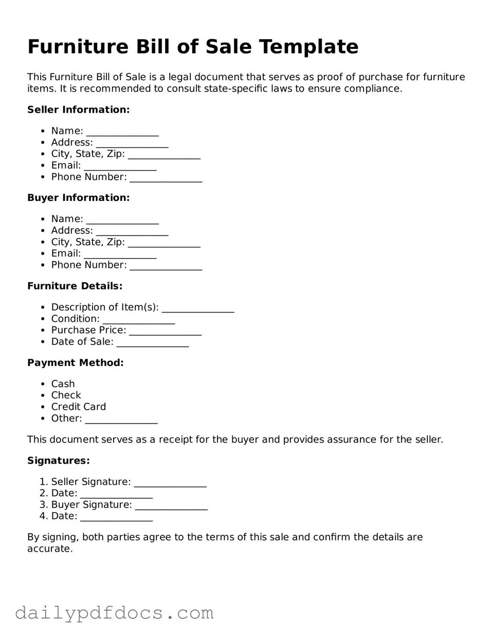 Free Furniture Bill of Sale Template