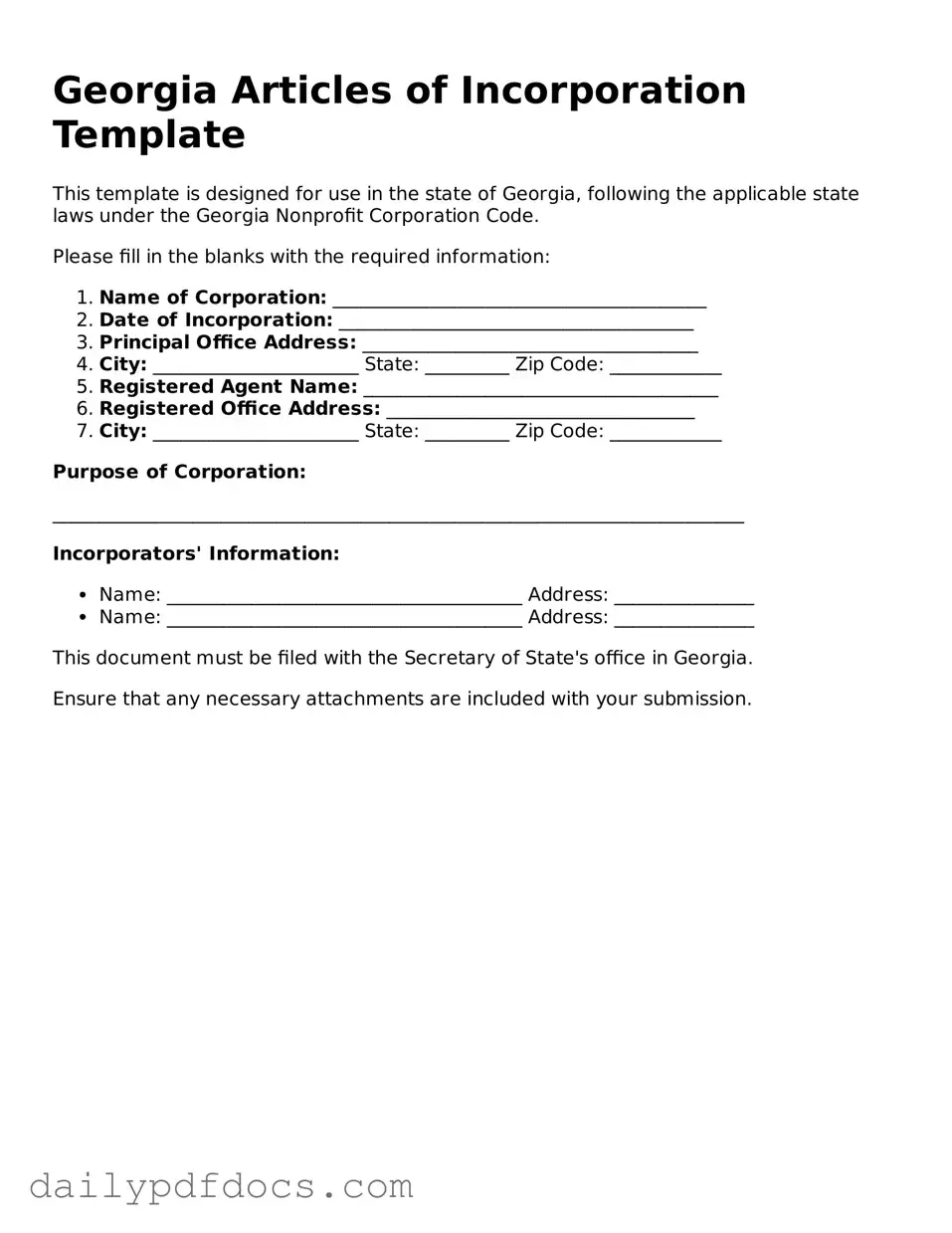 Printable  Articles of Incorporation Document for Georgia