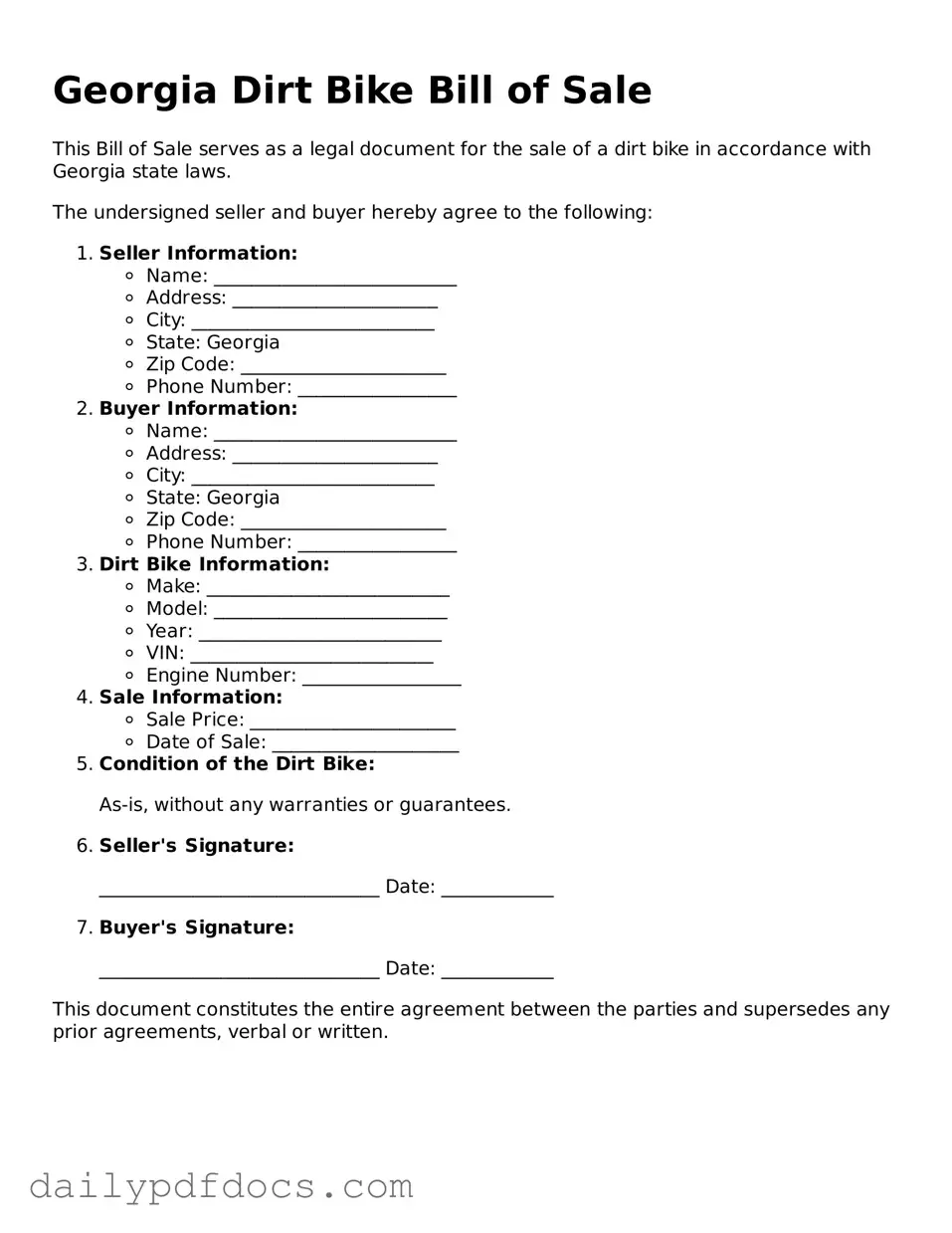 Printable  Dirt Bike Bill of Sale Document for Georgia