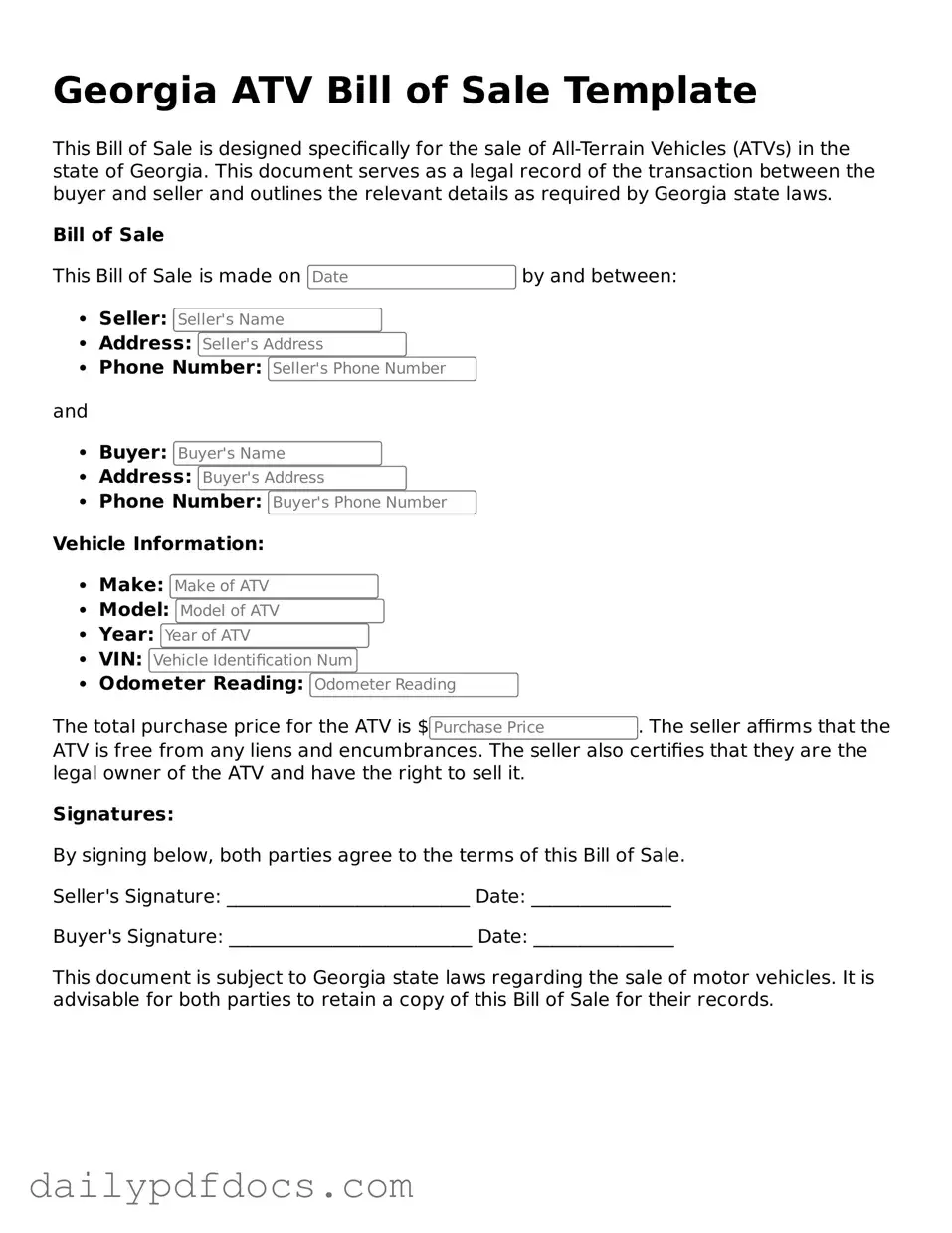 Printable  ATV Bill of Sale Document for Georgia