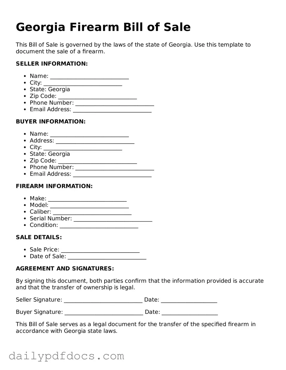 Printable  Firearm Bill of Sale Document for Georgia