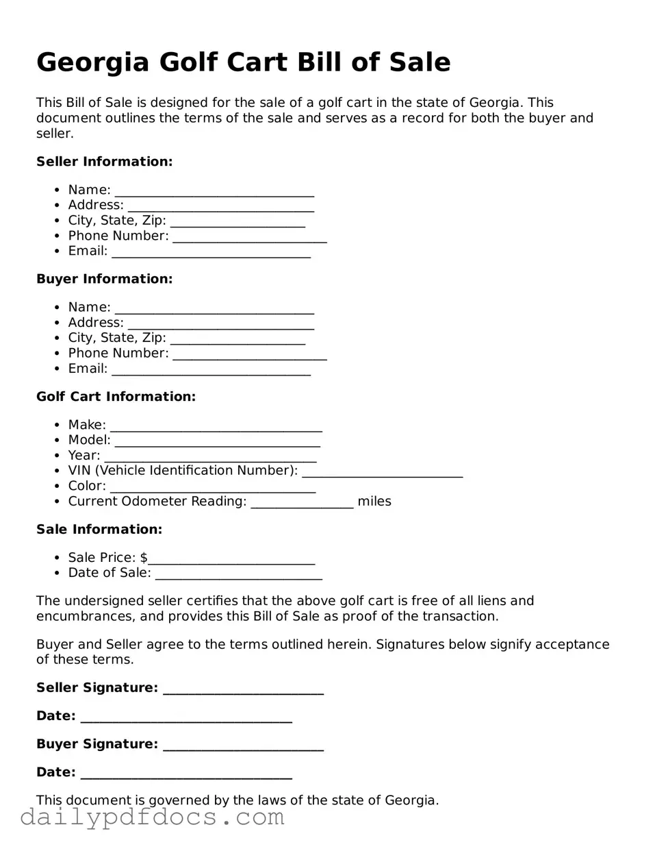 Printable  Golf Cart Bill of Sale Document for Georgia