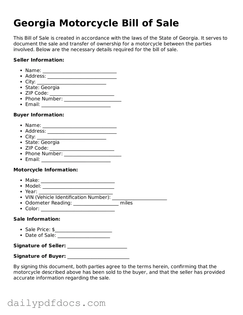 Printable  Motorcycle Bill of Sale Document for Georgia