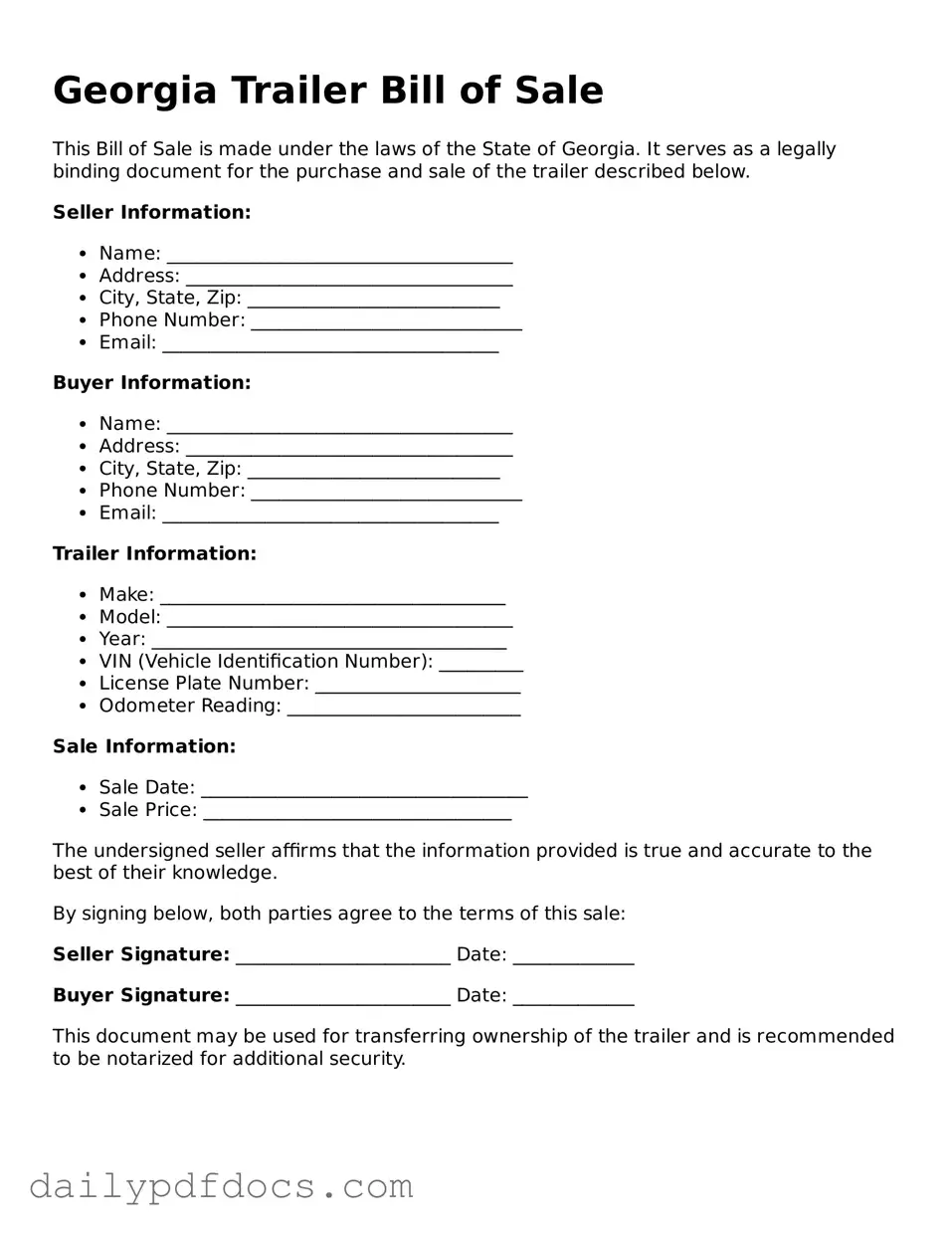 Printable  Trailer Bill of Sale Document for Georgia