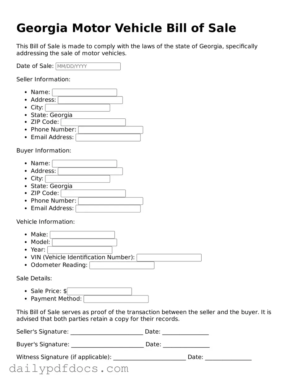 Printable  Motor Vehicle Bill of Sale Document for Georgia