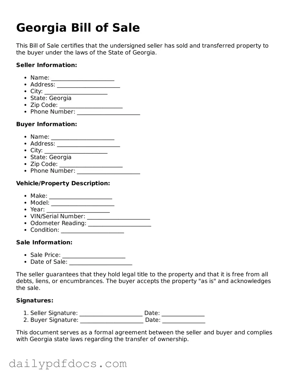 Printable  Bill of Sale Document for Georgia