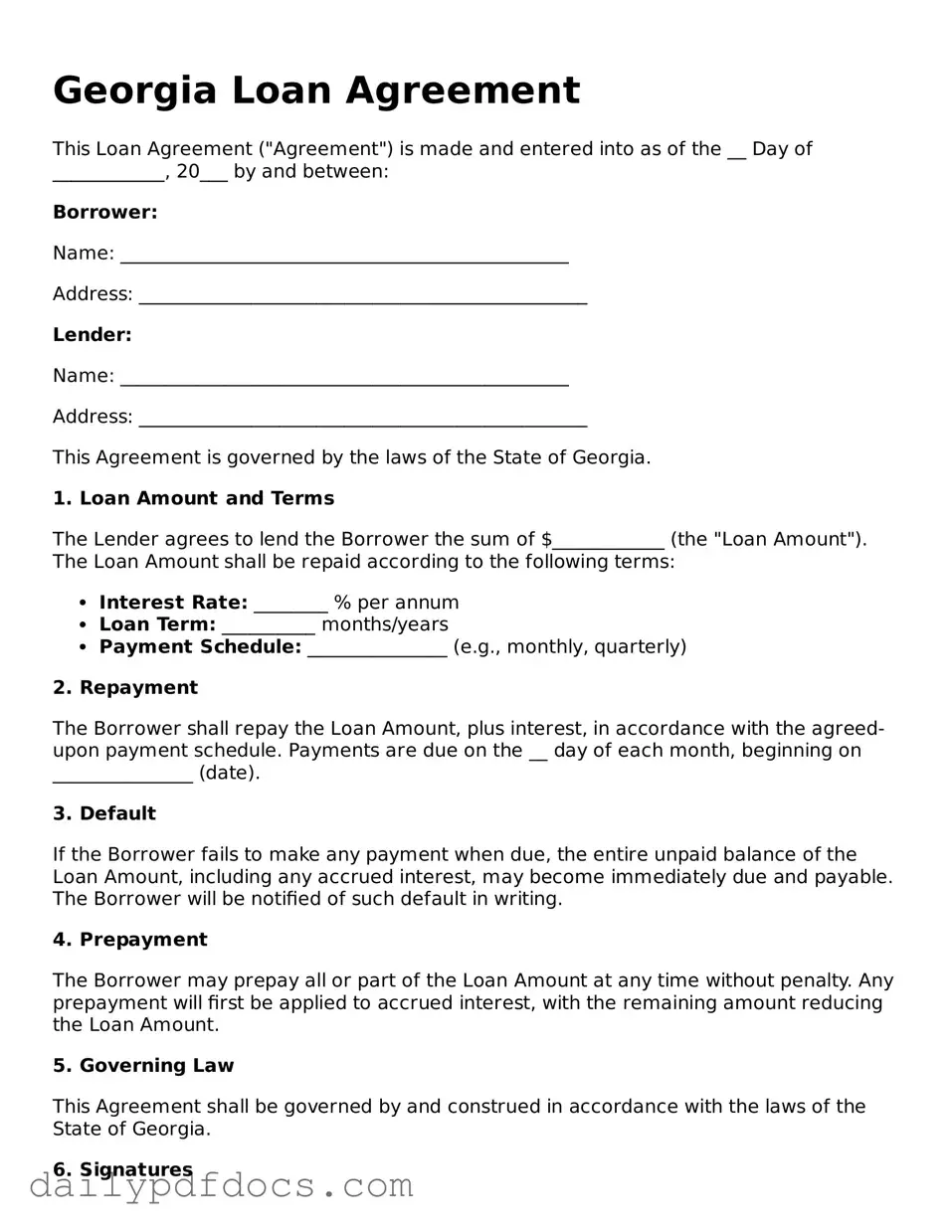 Printable  Loan Agreement Document for Georgia