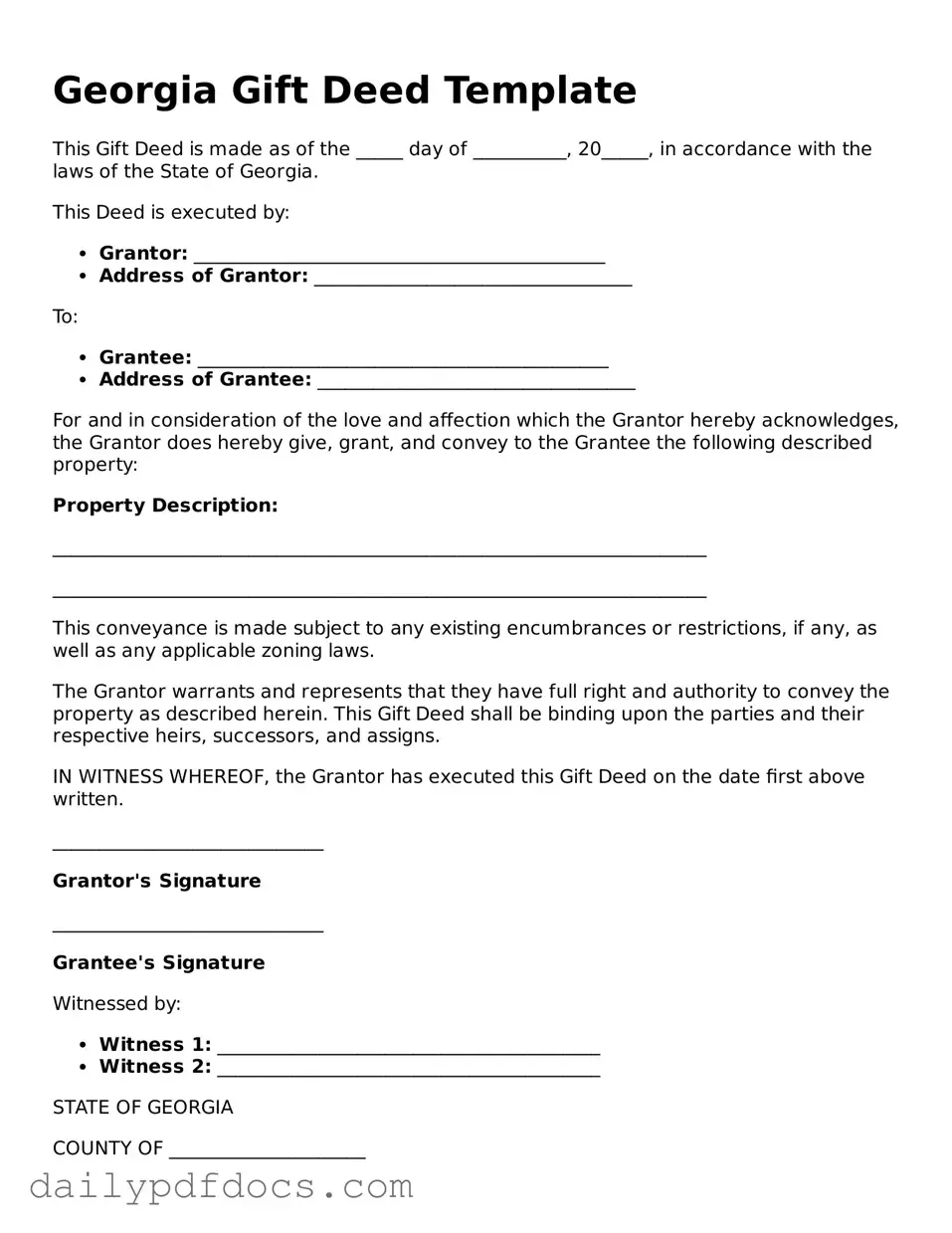 Printable  Gift Deed Document for Georgia