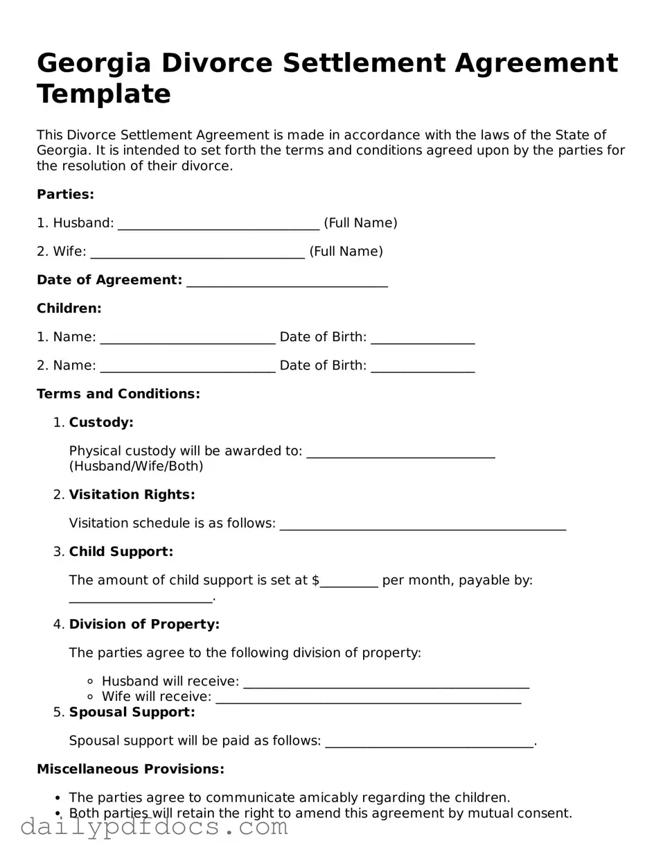 Printable  Divorce Settlement Agreement Document for Georgia