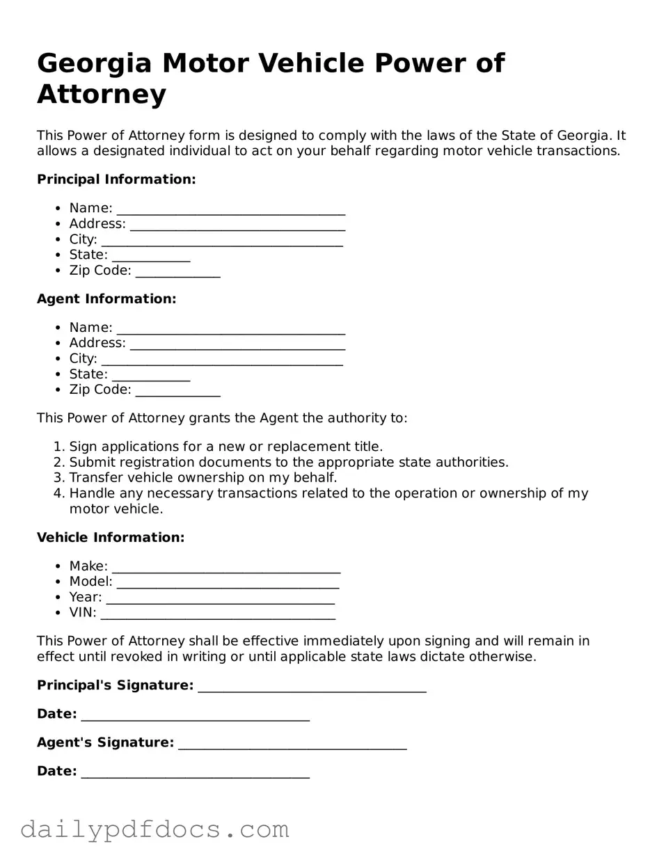 Printable  Motor Vehicle Power of Attorney Document for Georgia
