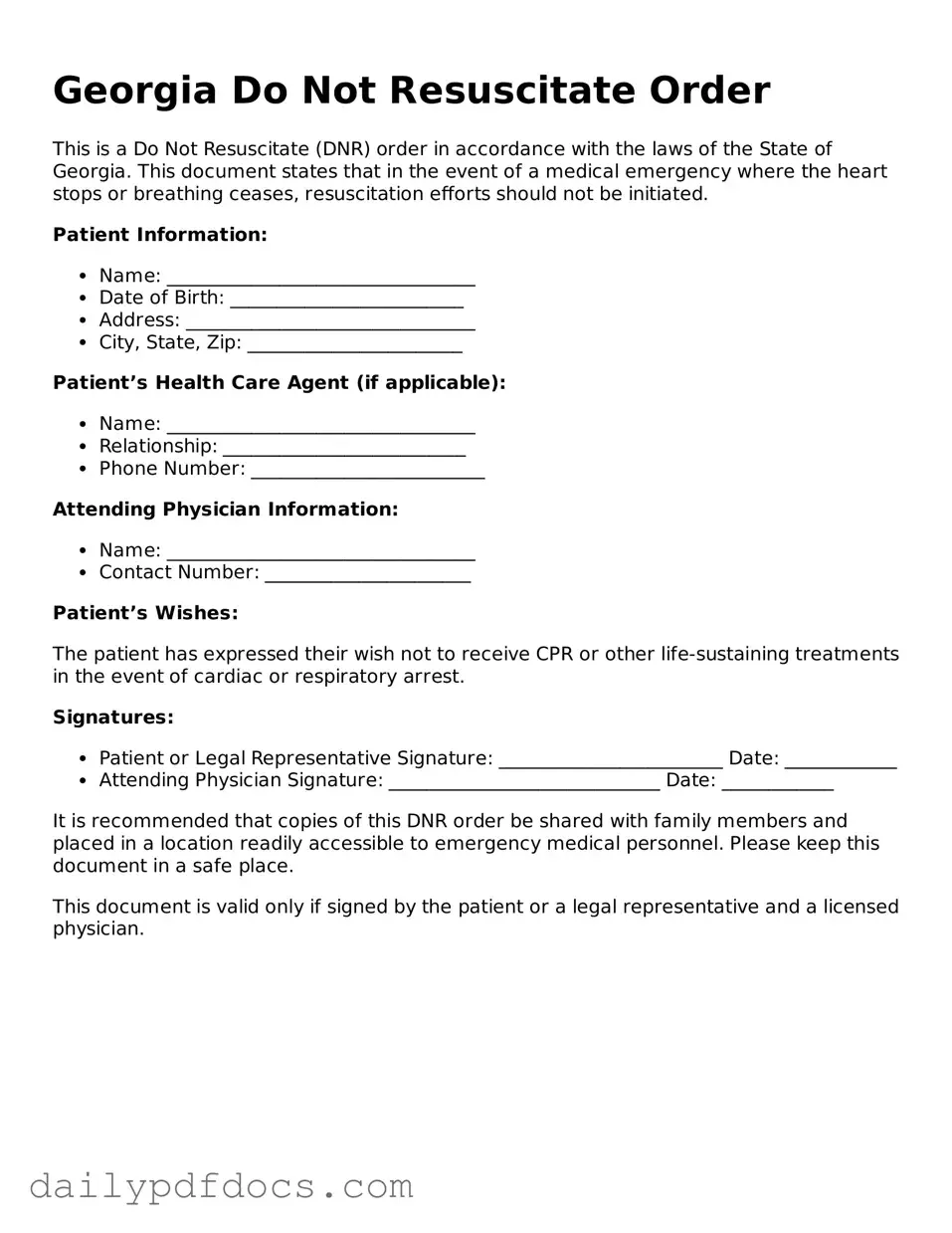 Printable  Do Not Resuscitate Order Document for Georgia