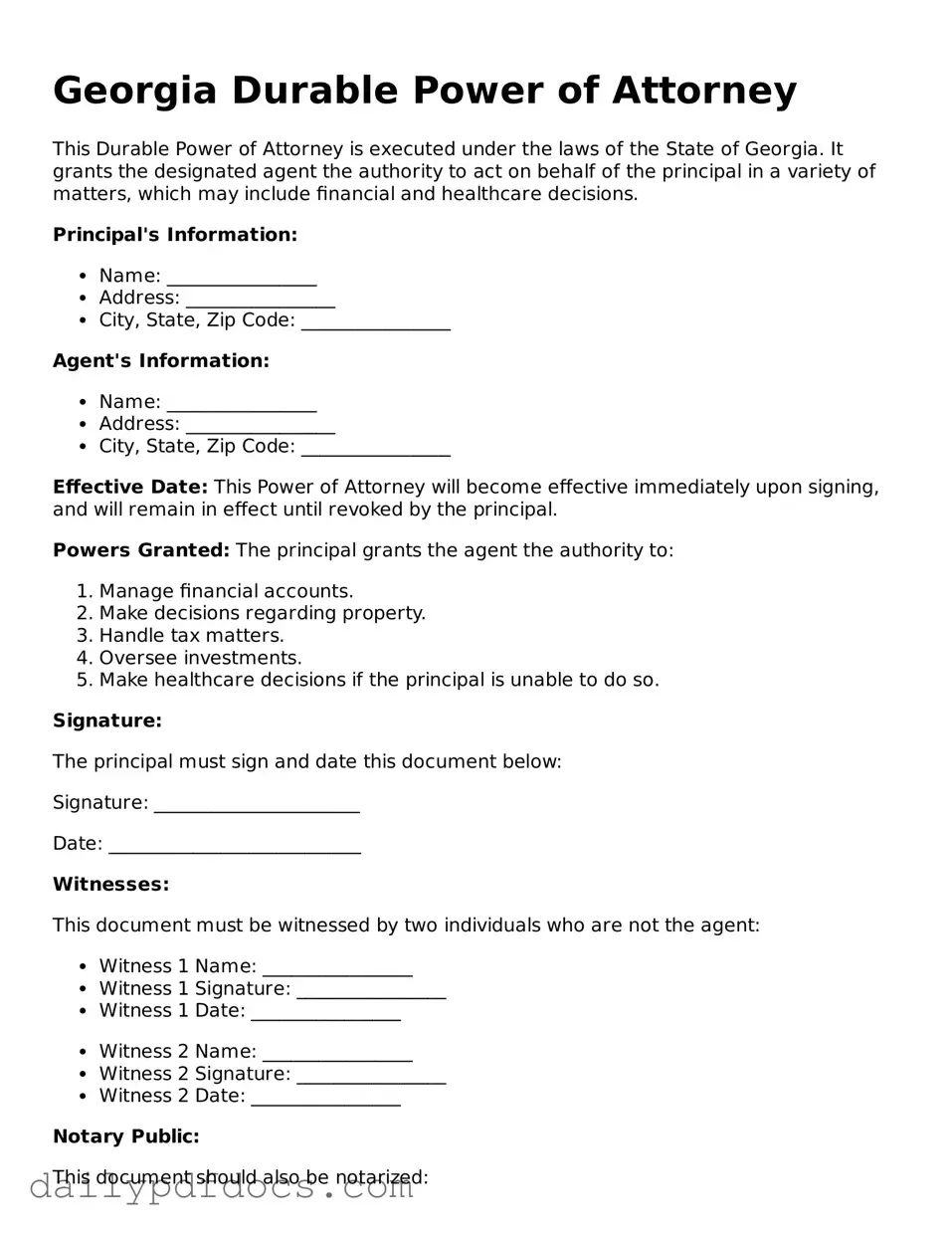 Printable  Durable Power of Attorney Document for Georgia