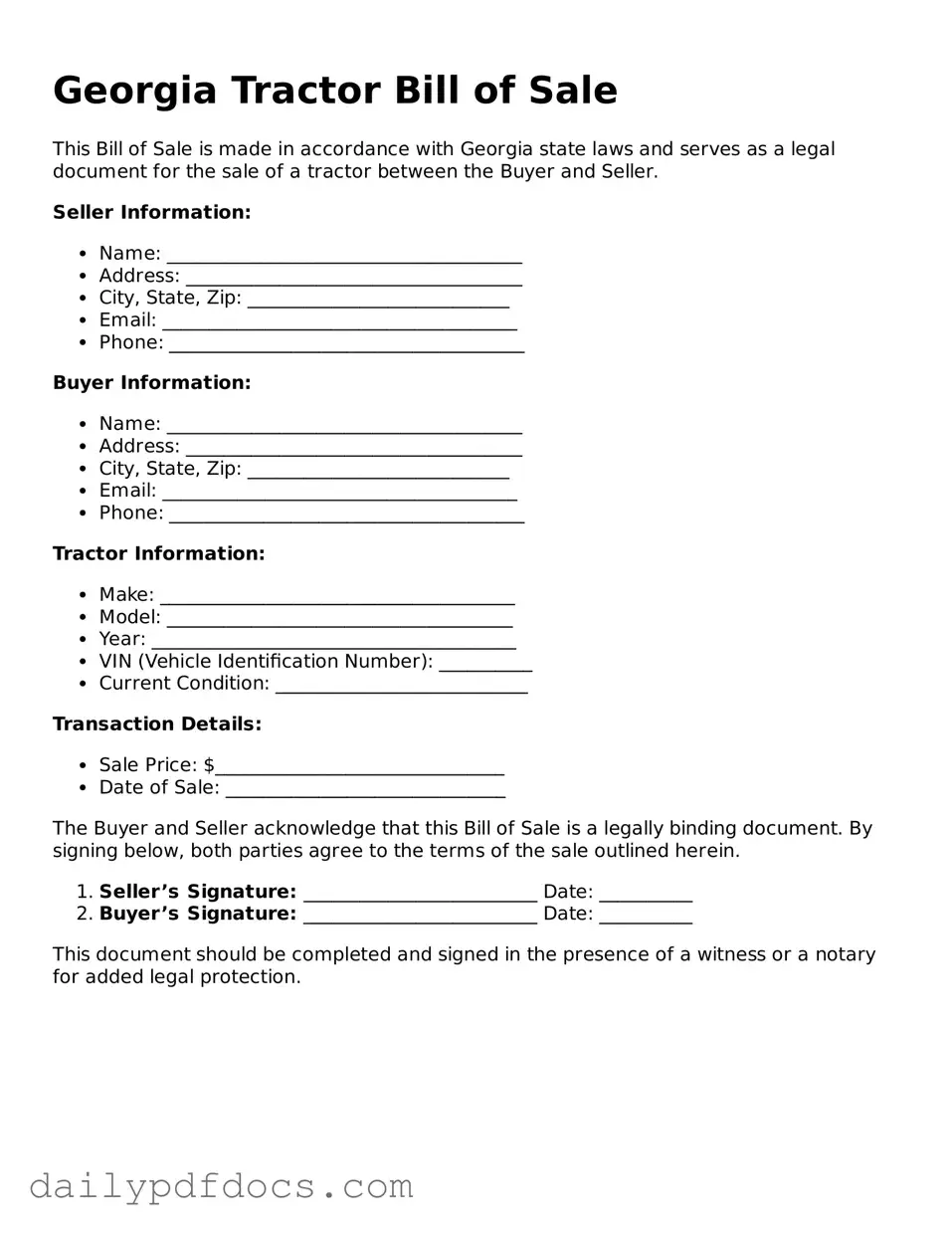 Printable  Tractor Bill of Sale Document for Georgia