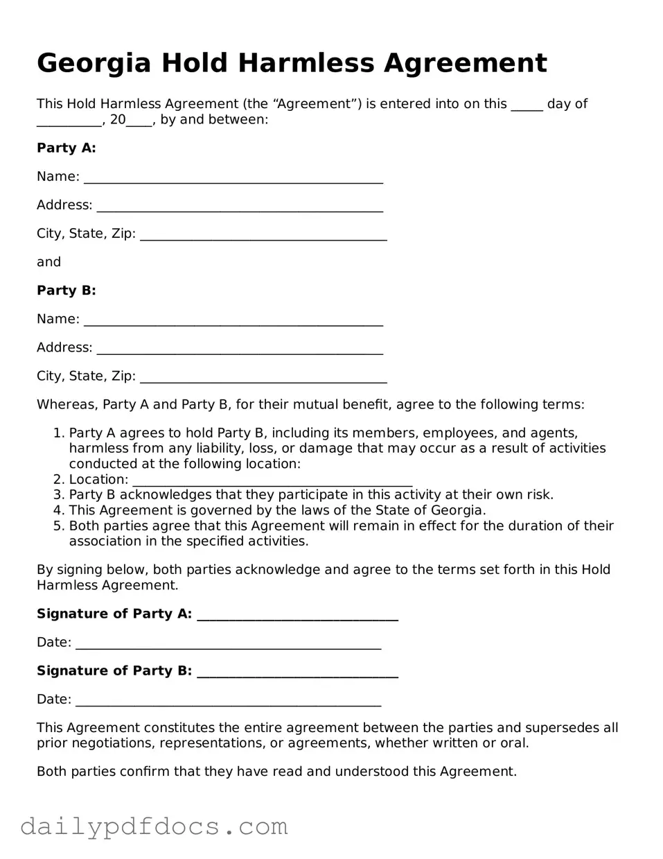 Printable  Hold Harmless Agreement Document for Georgia