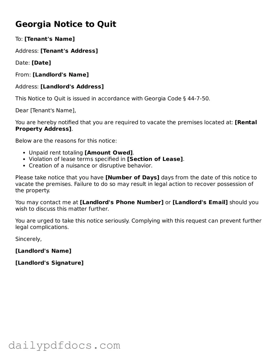 Printable  Notice to Quit Document for Georgia