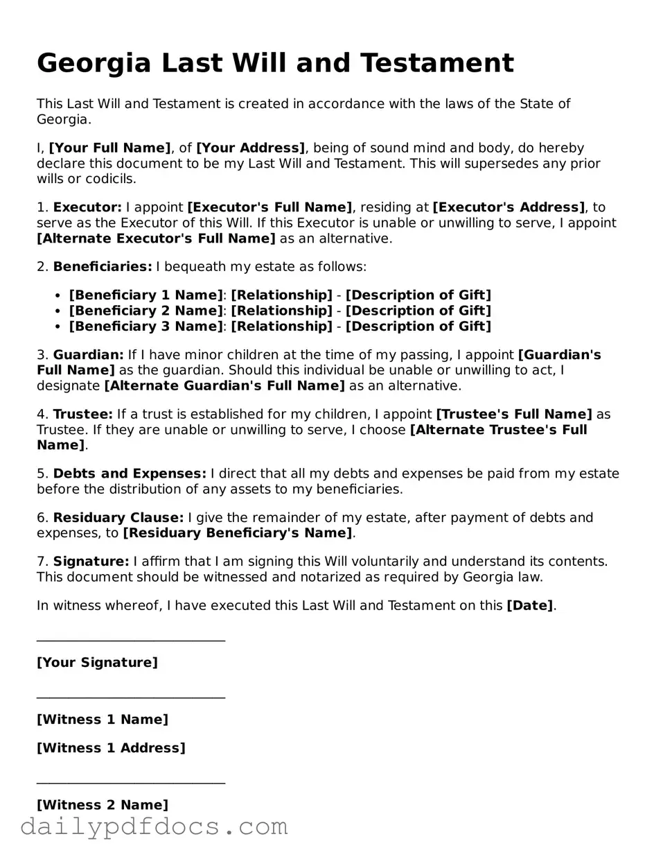 Printable  Last Will and Testament Document for Georgia