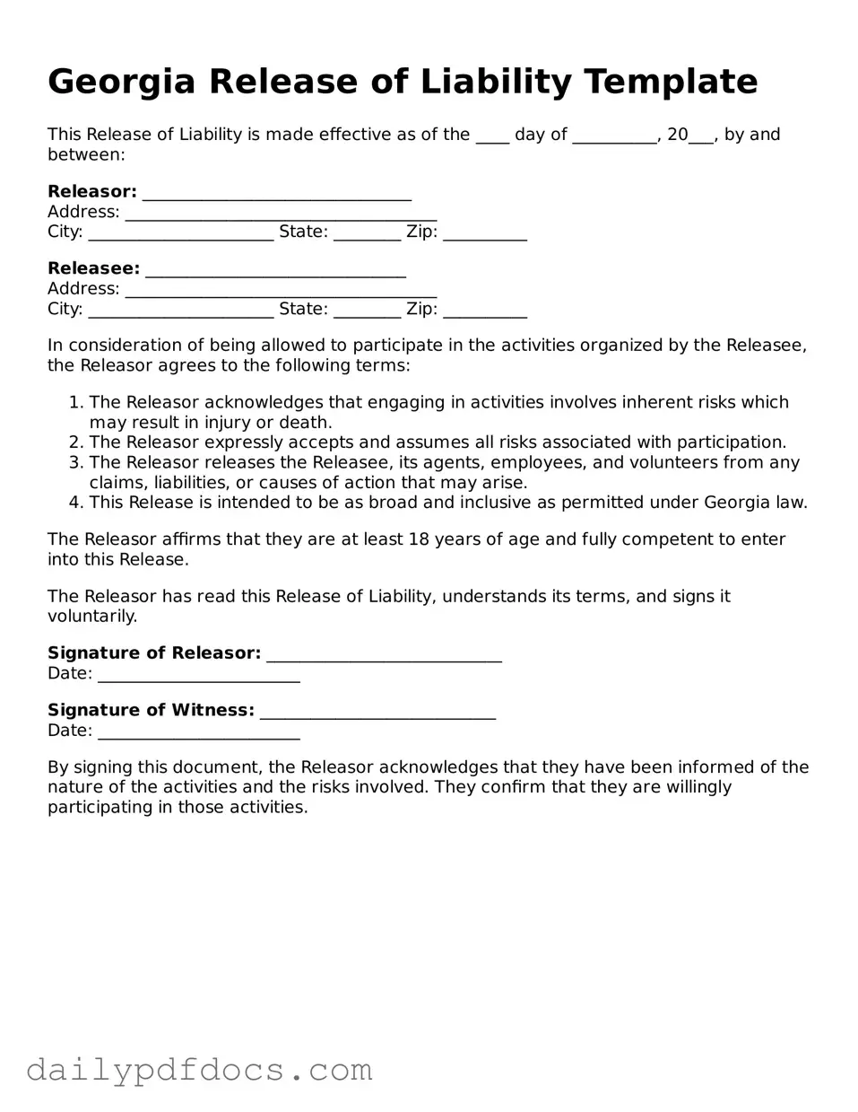 Printable  Release of Liability Document for Georgia