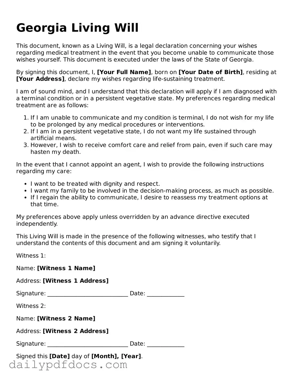Printable  Living Will Document for Georgia