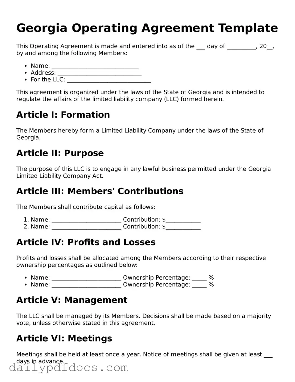 Printable  Operating Agreement Document for Georgia