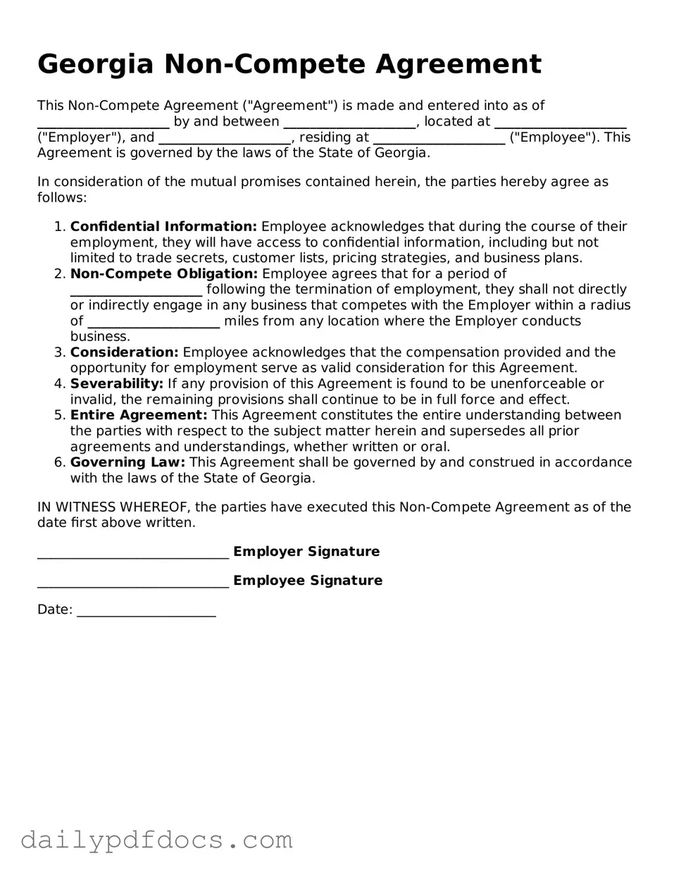 Printable  Non-compete Agreement Document for Georgia