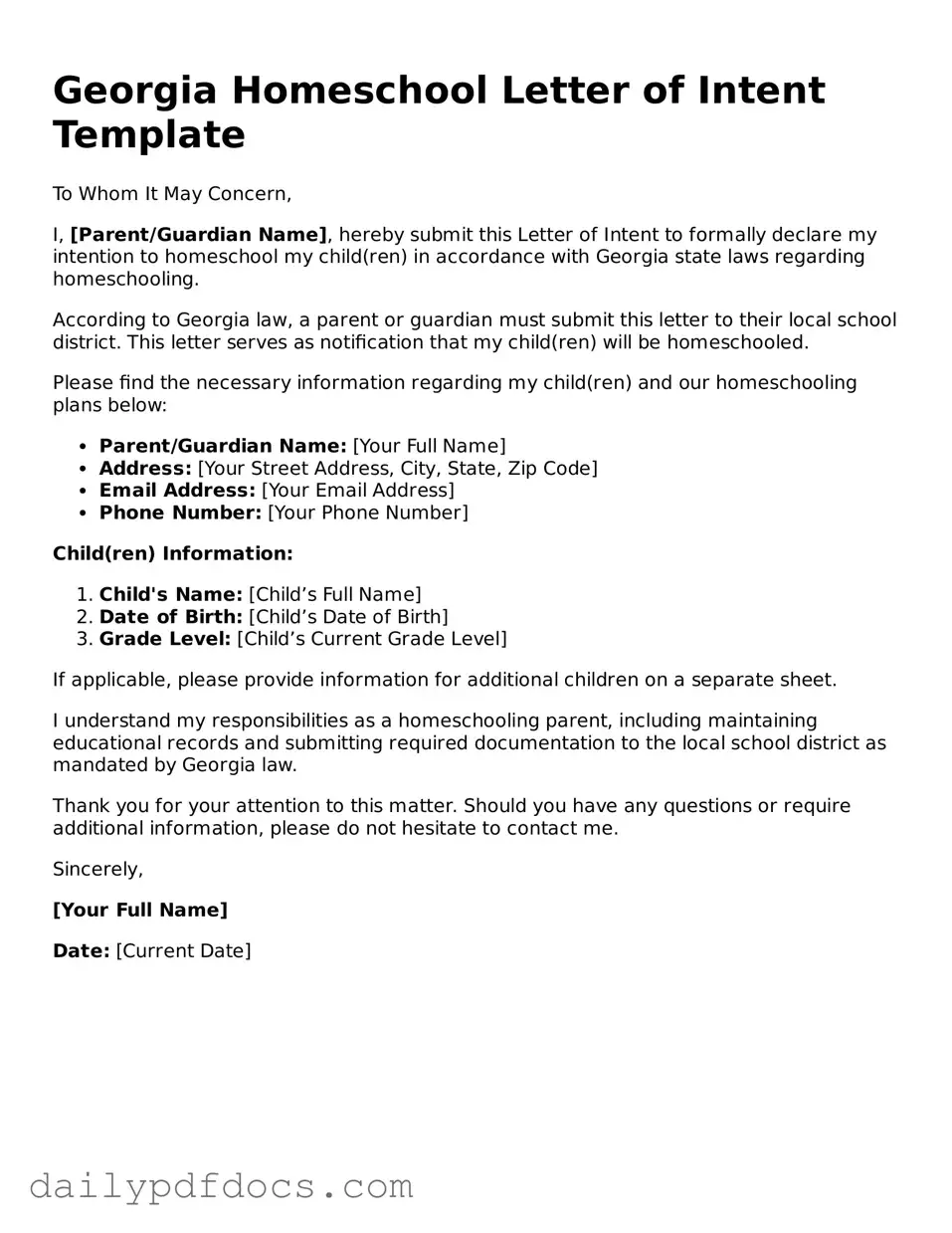 Printable  Homeschool Letter of Intent Document for Georgia