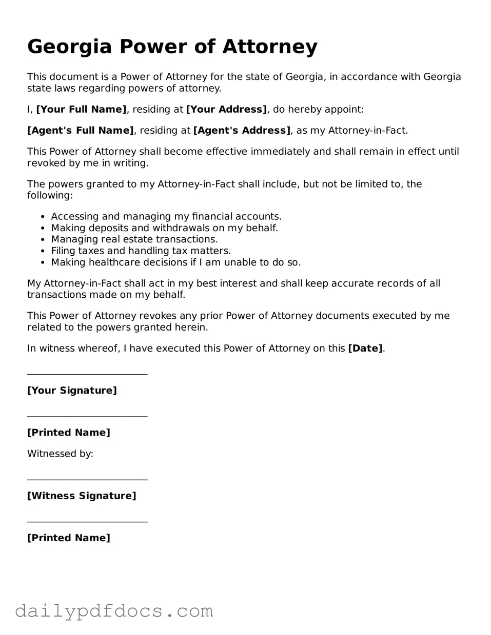 Printable  Power of Attorney Document for Georgia