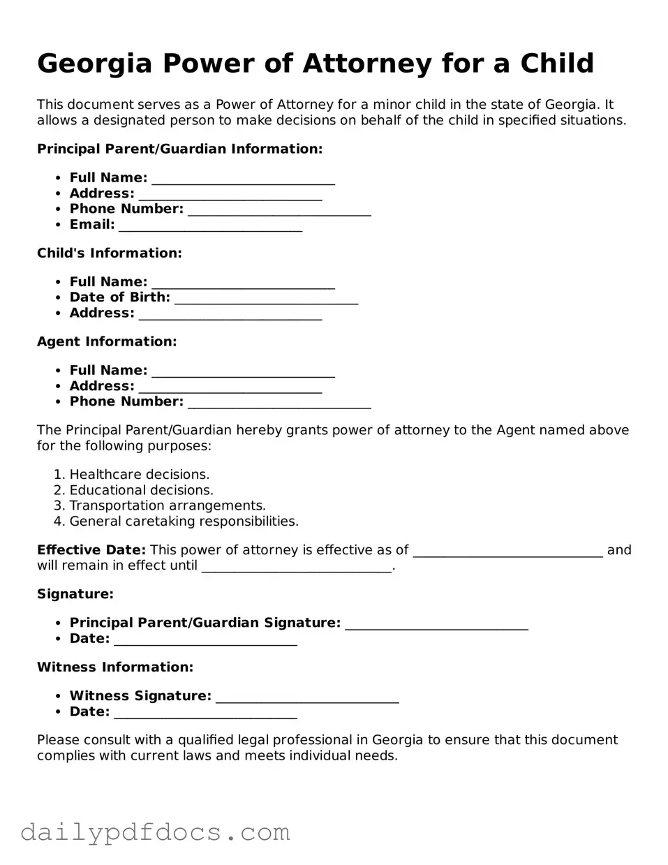 Printable  Power of Attorney for a Child Document for Georgia