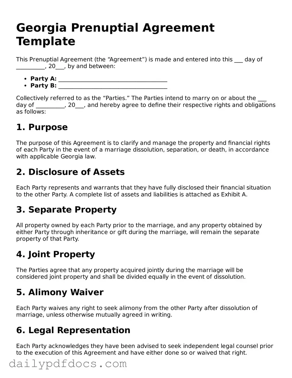 Printable  Prenuptial Agreement Document for Georgia