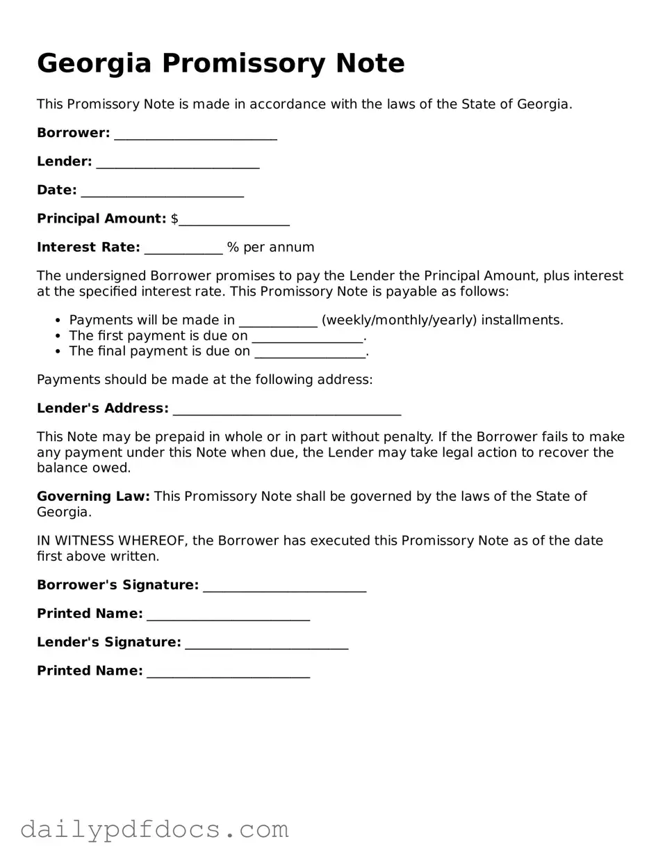 Printable  Promissory Note Document for Georgia