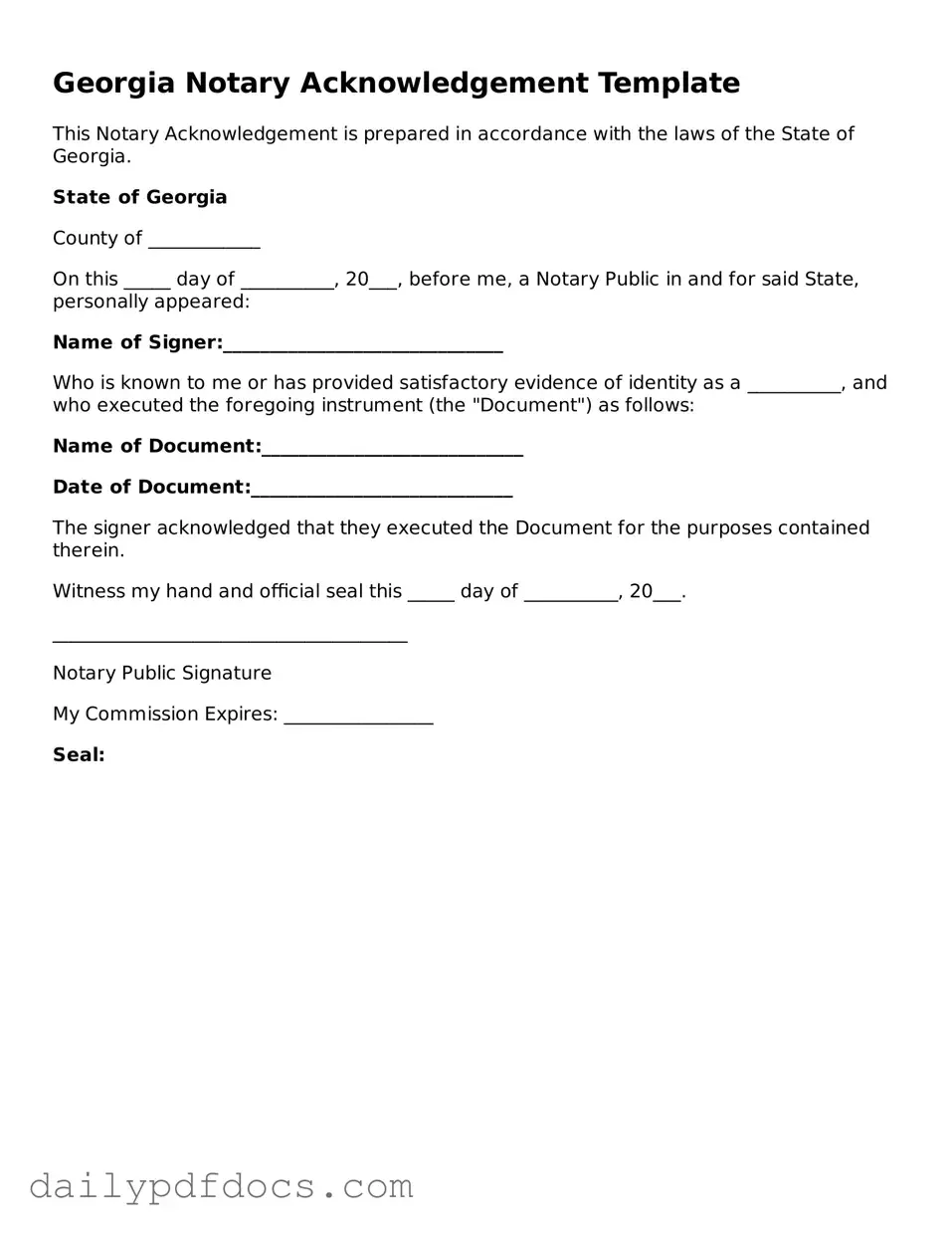 Printable  Notary Acknowledgement Document for Georgia