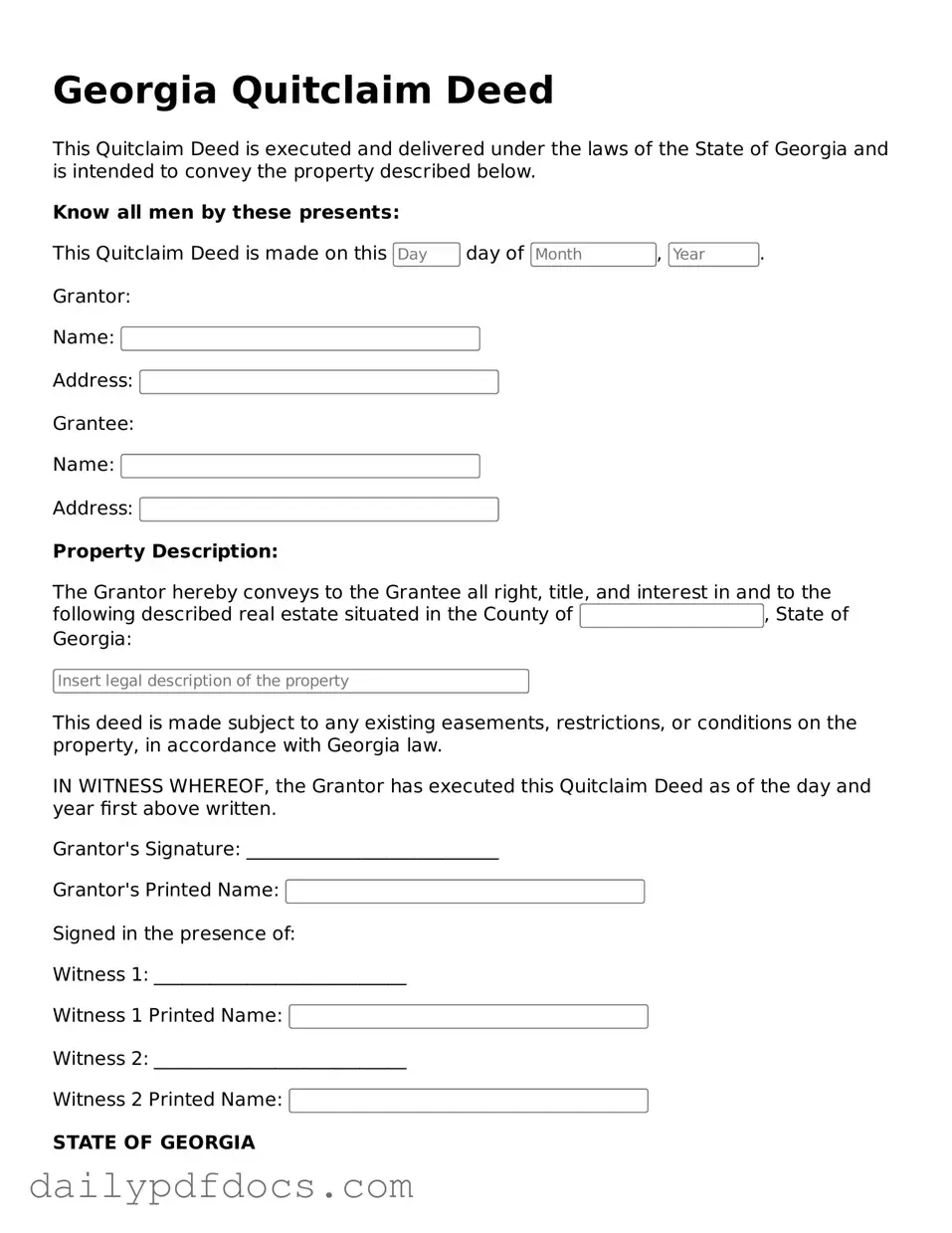 Printable  Quitclaim Deed Document for Georgia