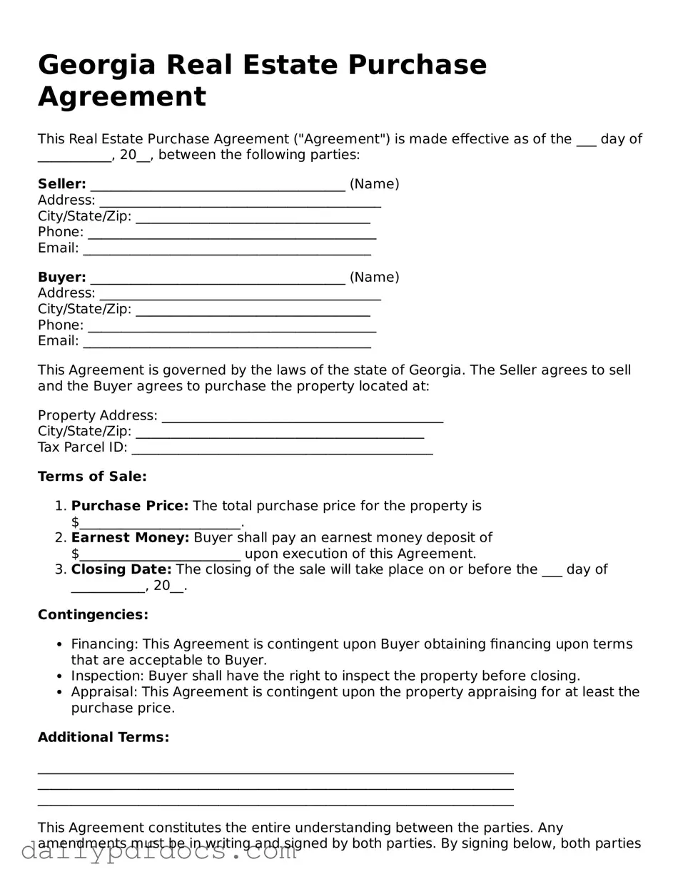 Printable  Real Estate Purchase Agreement Document for Georgia