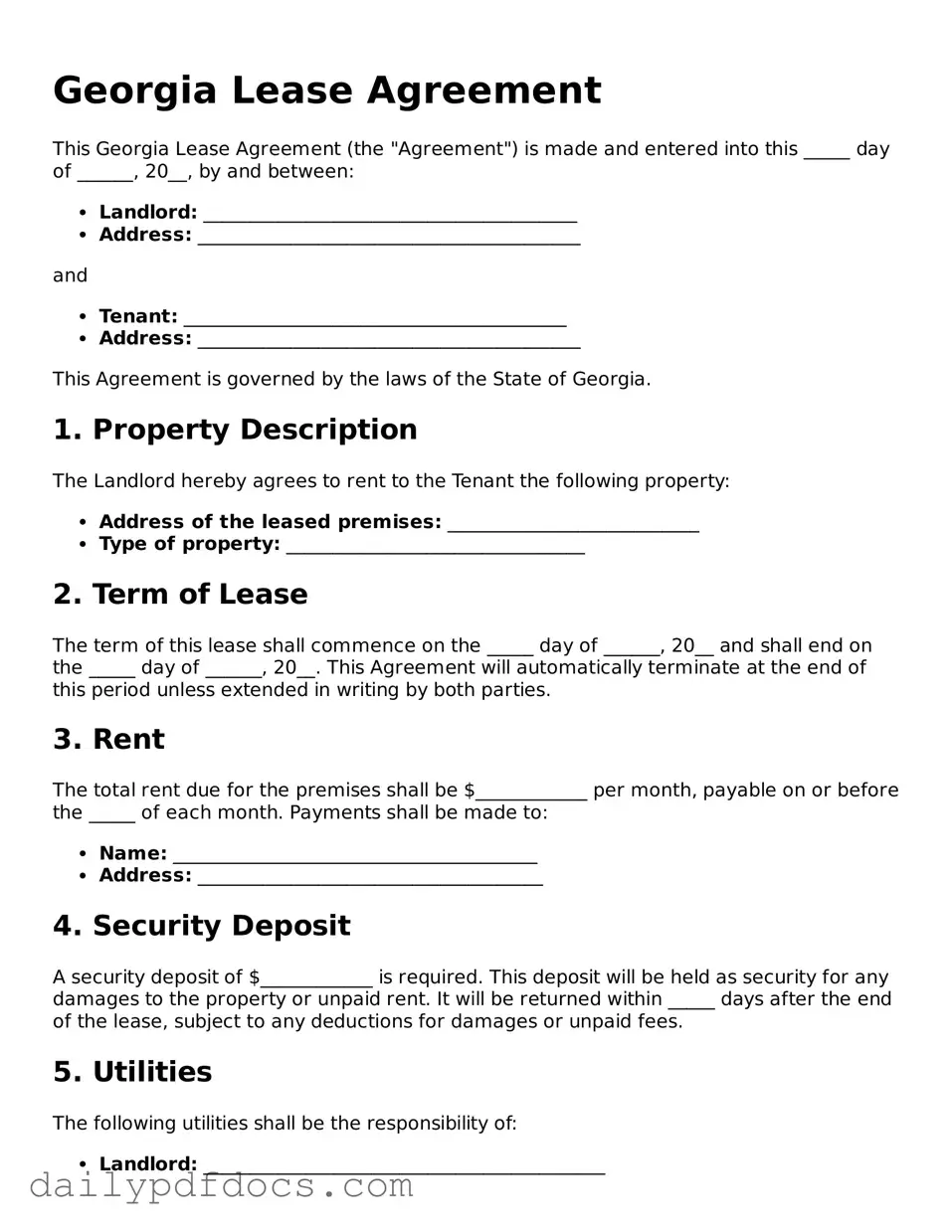 Printable  Lease Agreement Document for Georgia
