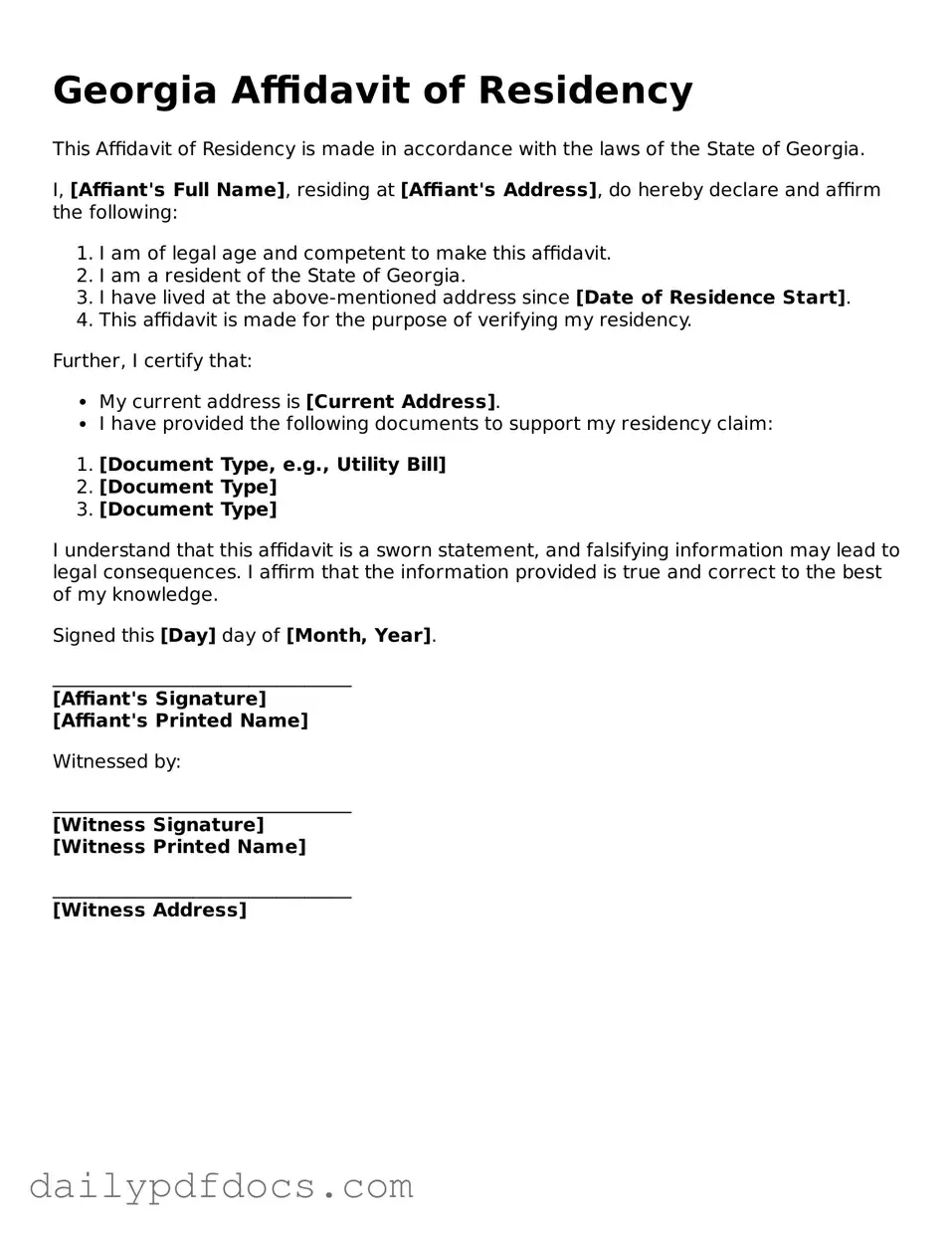 Printable  Affidavit of Residency Document for Georgia