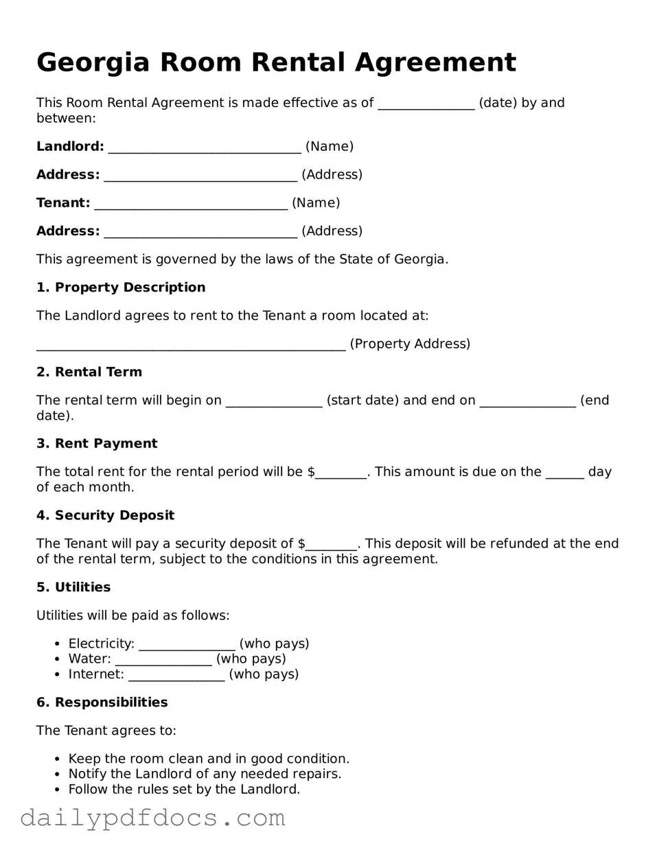 Printable  Room Rental Agreement Document for Georgia