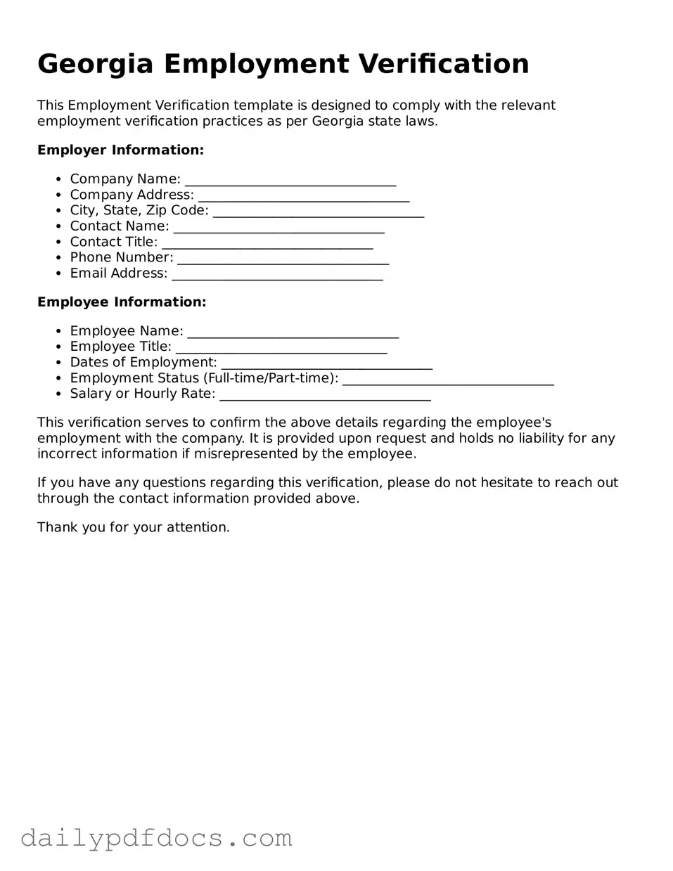 Printable  Employment Verification Document for Georgia