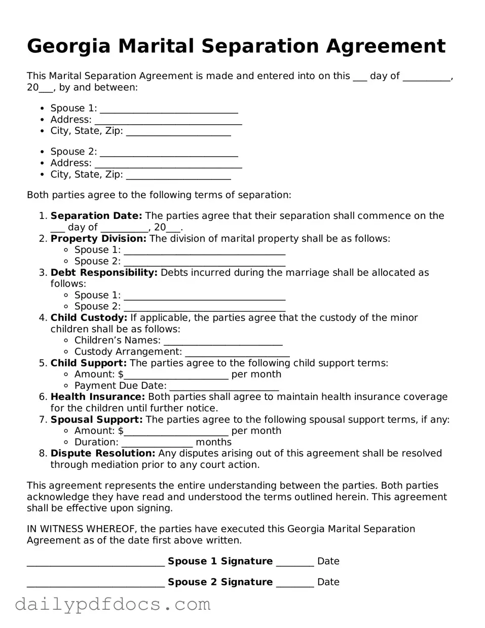 Printable  Marital Separation Agreement Document for Georgia