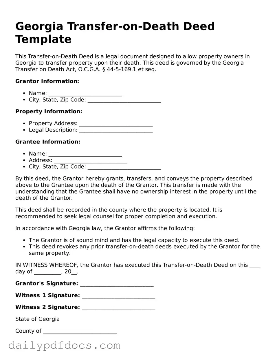 Printable  Transfer-on-Death Deed Document for Georgia