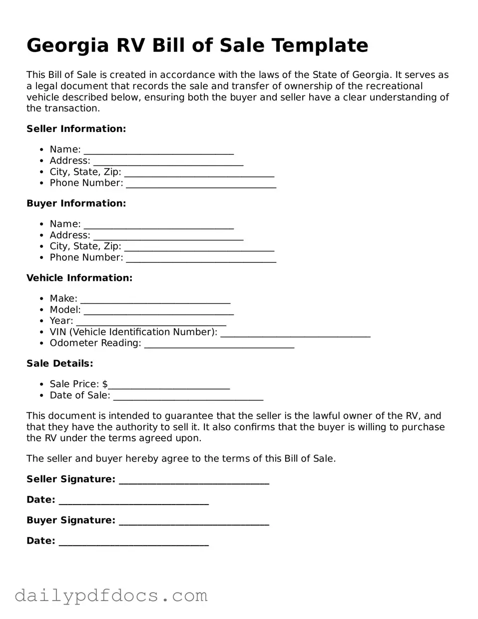 Printable  RV Bill of Sale Document for Georgia