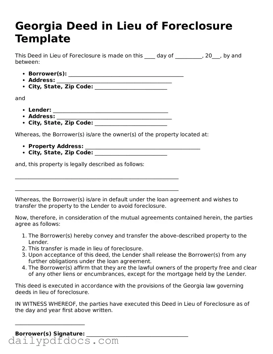 Printable  Deed in Lieu of Foreclosure Document for Georgia
