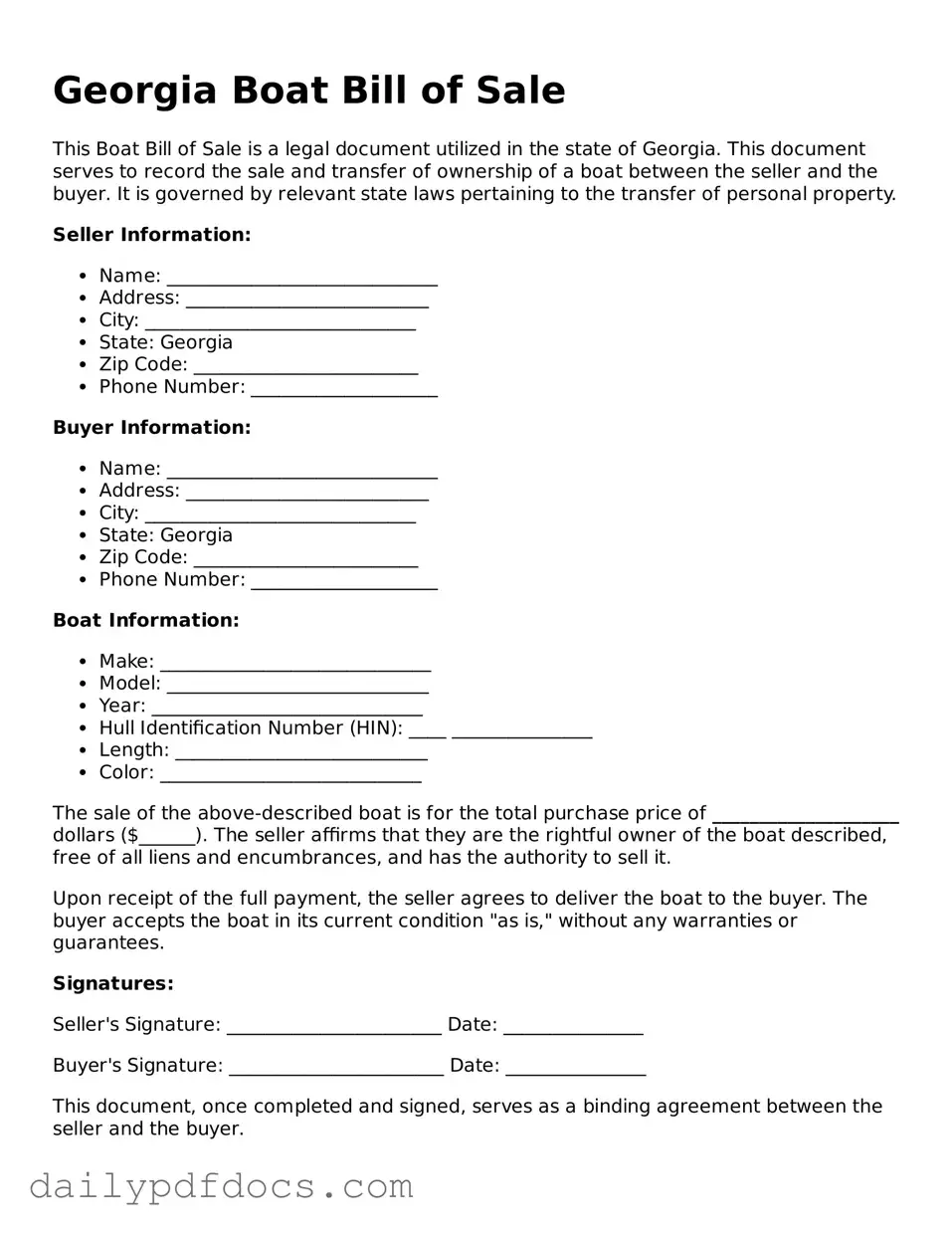 Printable  Boat Bill of Sale Document for Georgia