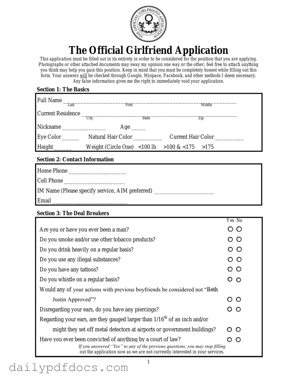 Fill Your Girlfriend Application Form