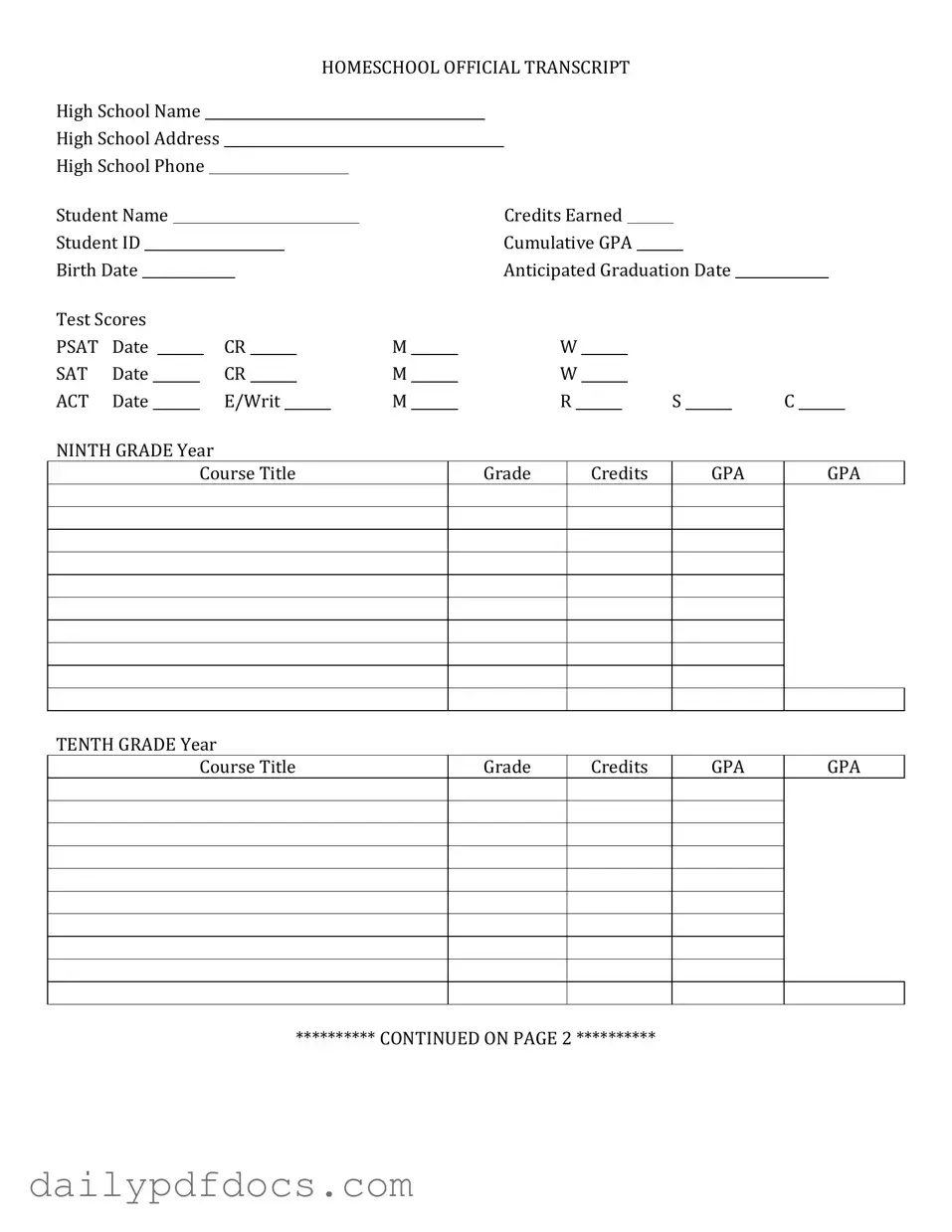 Fill Your High School Transcript Form