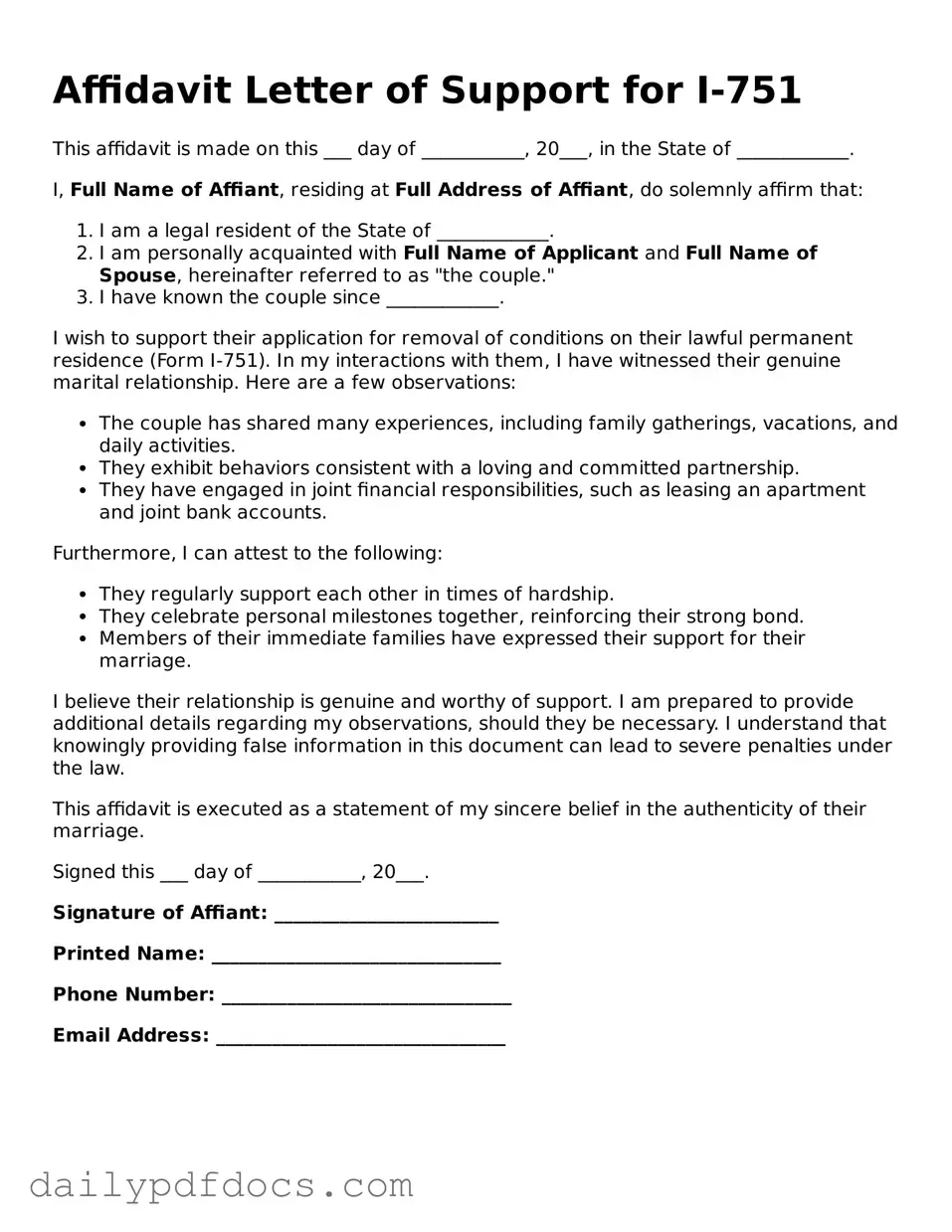 Free Affidavit Letter of Support for I-751 Template