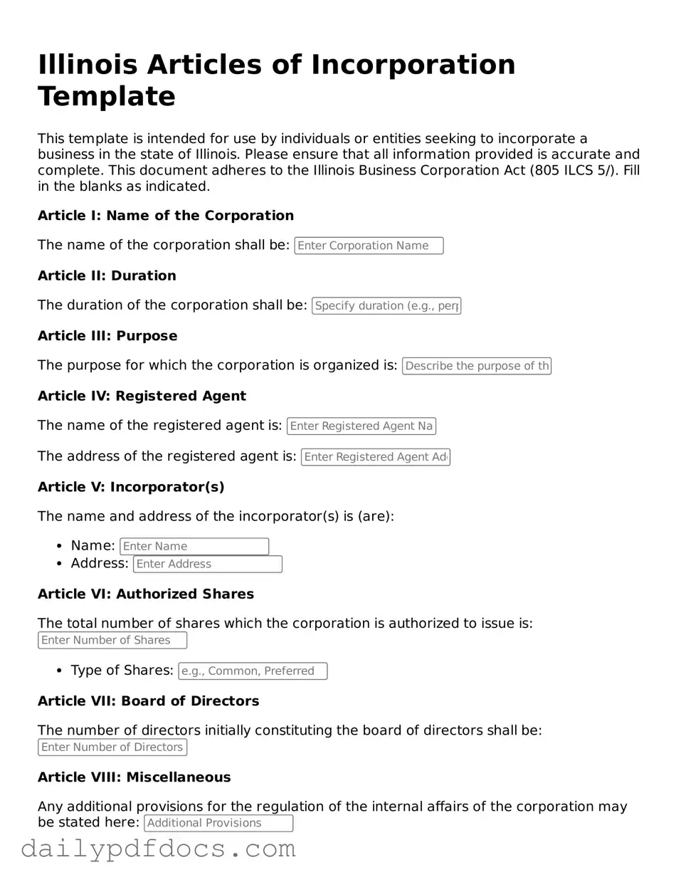 Printable Articles of Incorporation Document for Illinois