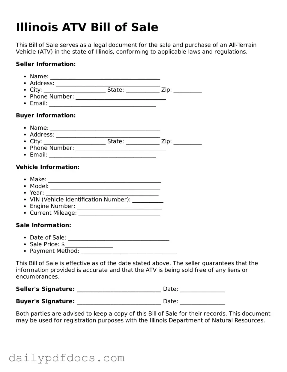 Printable  ATV Bill of Sale Document for Illinois