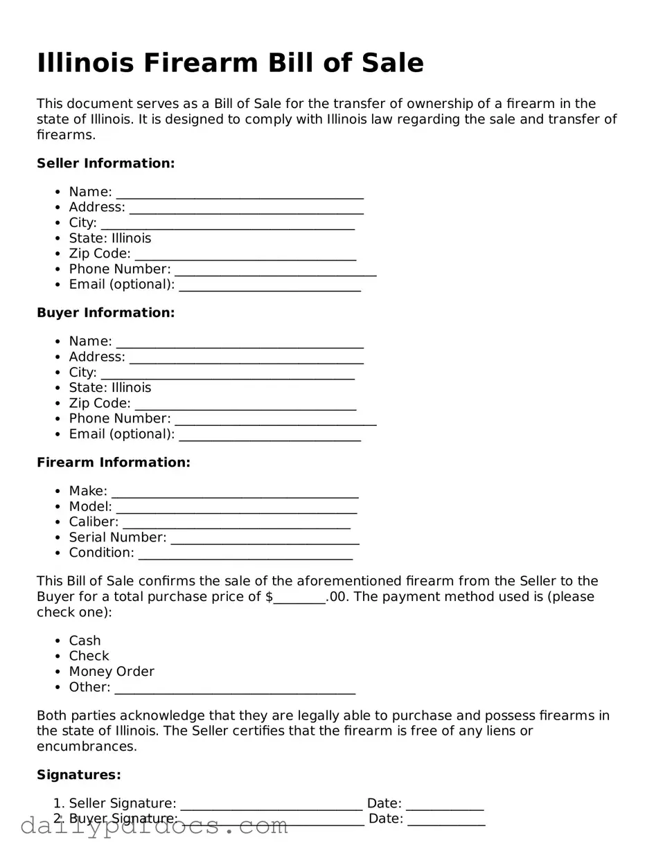 Printable  Firearm Bill of Sale Document for Illinois