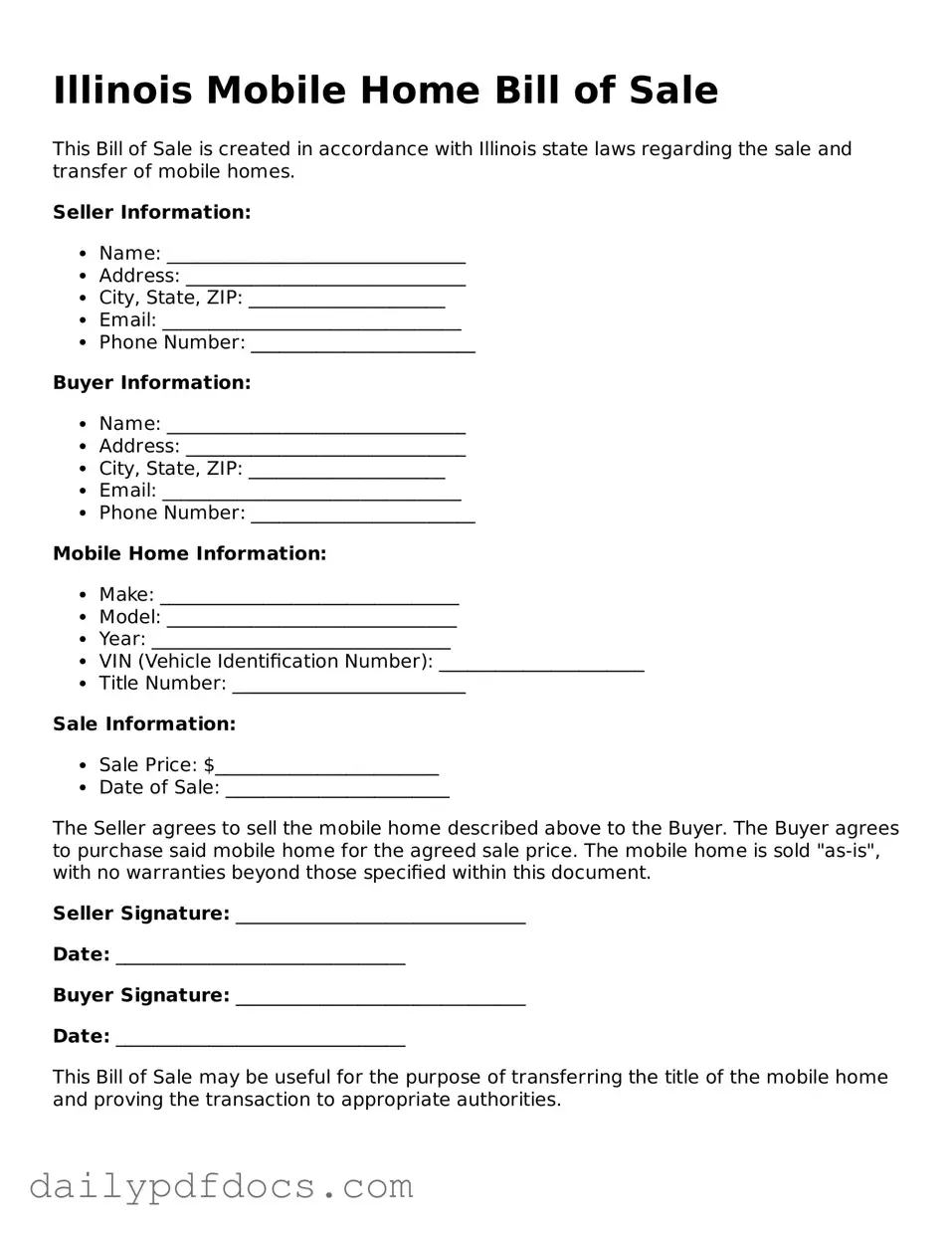 Printable  Mobile Home Bill of Sale Document for Illinois